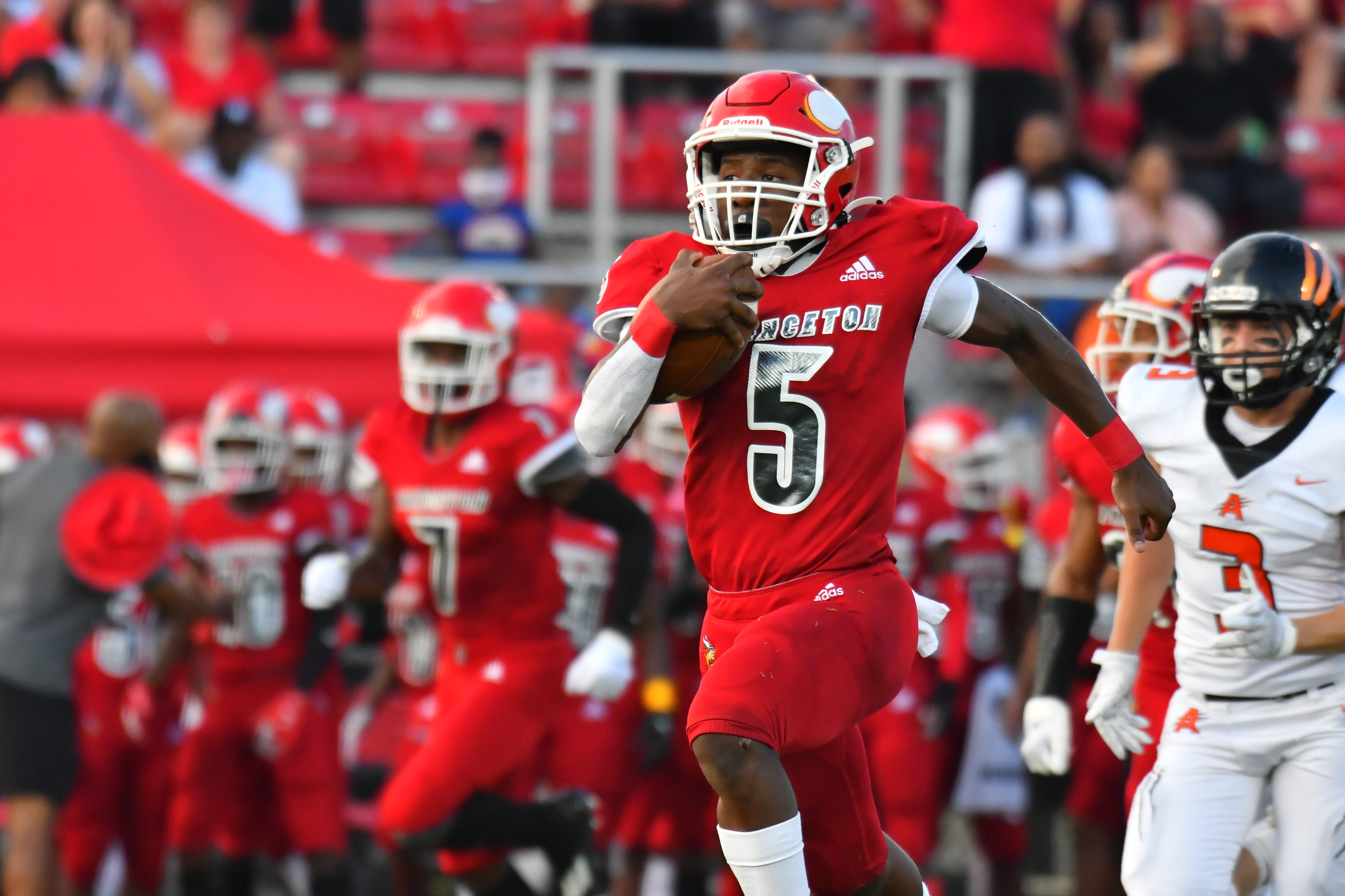 T.J. Engleman of Princeton runs the ball for a touchdown against Anderson during the Skyline Crosstown Showdown on Friday, Aug. 19, 2021.