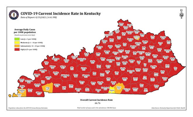 The COVID-19 current incidence rate map for Kentucky as of Thursday, Aug. 19.