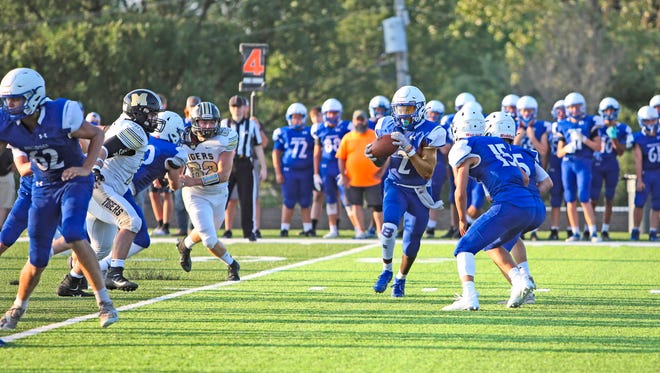 In a pale preview of their "Bell Game" Linn County rivalry battle at Brookfield's Burlington Field two weeks hence, the 2021 Brookfield and Marceline high school football teams test each other during their head-to-head segment of the Friday, Aug. 20, "jamboree' scrimmages at Macon.