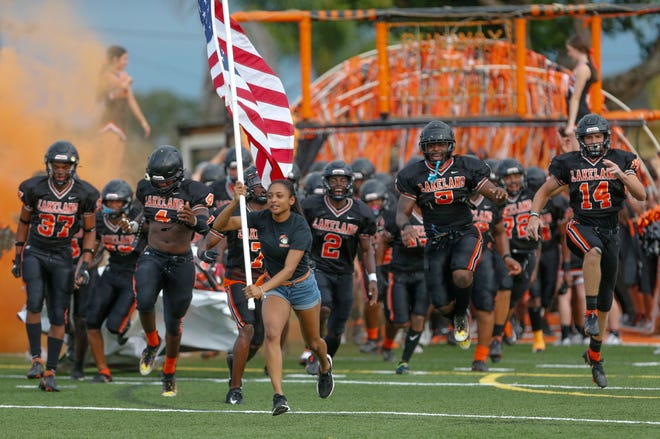 Lakeland High Dreadnaughts take the field for gave Vs East Bay Indians at Bryant Stadium in Lakeland Fl, August 20th 2021. Special to the Ledger/ Calvin Knight