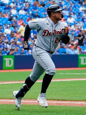 Detroit Tigers designated hitter Miguel Cabrera hits a solo home run, the 500th of his career, against the Toronto Blue Jays in the sixth inning at Rogers Centre, Sunday, Aug. 22, 2021.