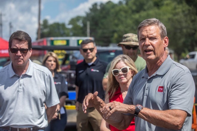 Governor Bill Lee is joined by Senators Bill Hagerty and Marsha Blackburn as he thanks first responders while touring flood damage and meeting those affected by it in Waverly Sunday, August 22, 2021.