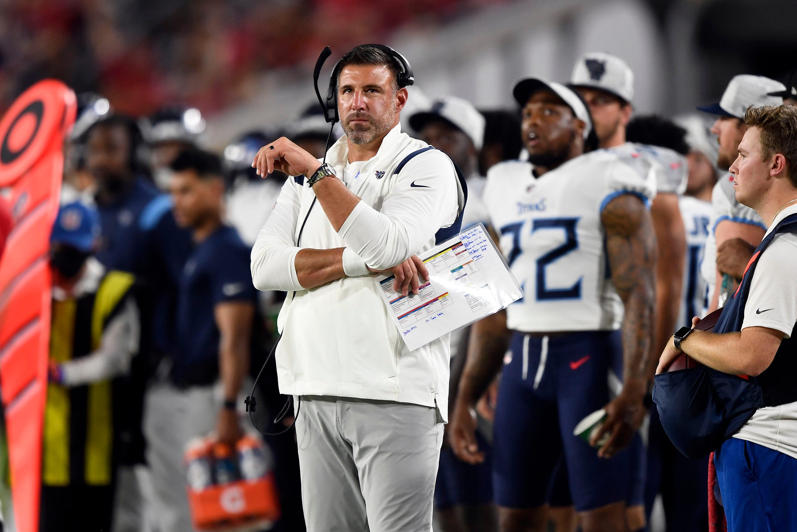 Tennessee Titans head coach Mike Vrabel watches over his team during the first quarter of an NFL preseason game against the Buccaneers at Raymond James Stadium Saturday, Aug. 21, 2021 in Tampa, Fla.