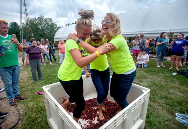 Camy Lambin, left, Pam Hursey and Melanie Carpenter of the Wanna Get Stomped? team defend their title as champions during the 11th annual Grape Stomp at Kickapoo Creek Winery on Sunday, Aug. 27, 2017, in Edwards. They fell to the BTW — Bring the Wine team in the competition.