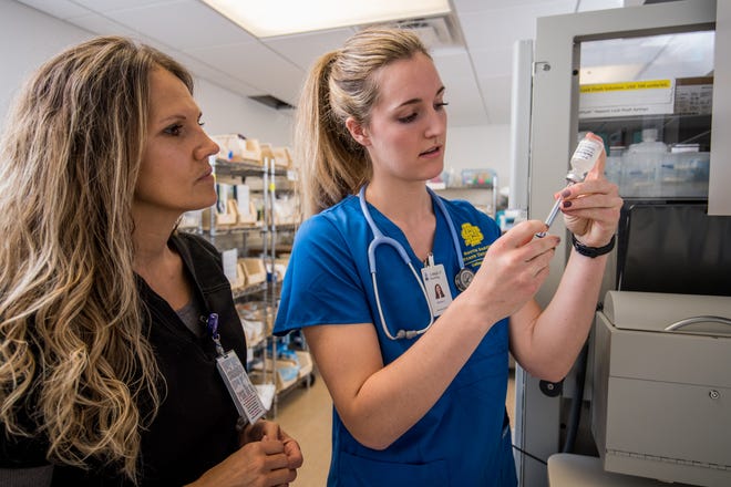 A South Dakota State University nursing student practices drawing medication under supervision during a clinical at the Brookings Health System. Photo: Courtesy of South Dakota State University