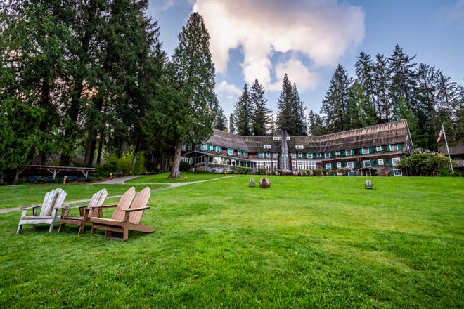 Lake Quinault Lodge feels warm and welcoming thanks to its grand-but-casual architecture, homey lakeside location, and inviting front lawn with plenty of room to bask.