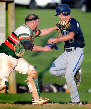 Jefferson catcher Jordan Witmer takes the relay to force Glen Rock's Zach Reed to end the inning in Game 2 of the best-of-three Central League semifinal playoff series at Jefferson Monday, Aug. 23, 2021. The game was postponed due to darkness with the score tied at 2. The game will resume Tuesday. Bill Kalina photo