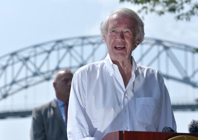 SAGAMORE  8/25/21 Senator Ed Markey speaks about the bridge replacements  at a press conference alongside the Cape Cod Canal with a backdrop of the Sagamore Bridge. Steve Heaslip/Cape Cod Times 