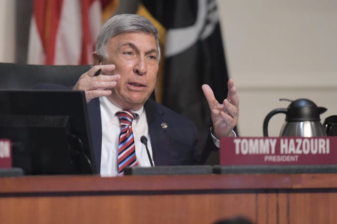 May 26, 2021: Council President Tommy Hazouri debates stripping gas tax funding from the expansion of the downtown Skyway system.
