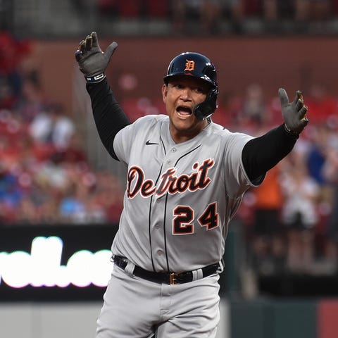 Tigers first baseman Miguel Cabrera reacts after h