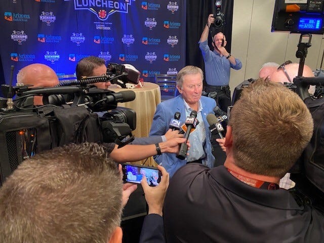 Former college football coach Steve Spurrier fields questions from the media before the Arizona Bank & Trust Fiesta Bowl Kickoff Luncheon on Aug. 24, 2021 at the Arizona Biltmore.