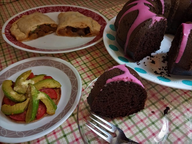 From top left, Tex-Mex pasties, chocolate beet cake and avocado toast.