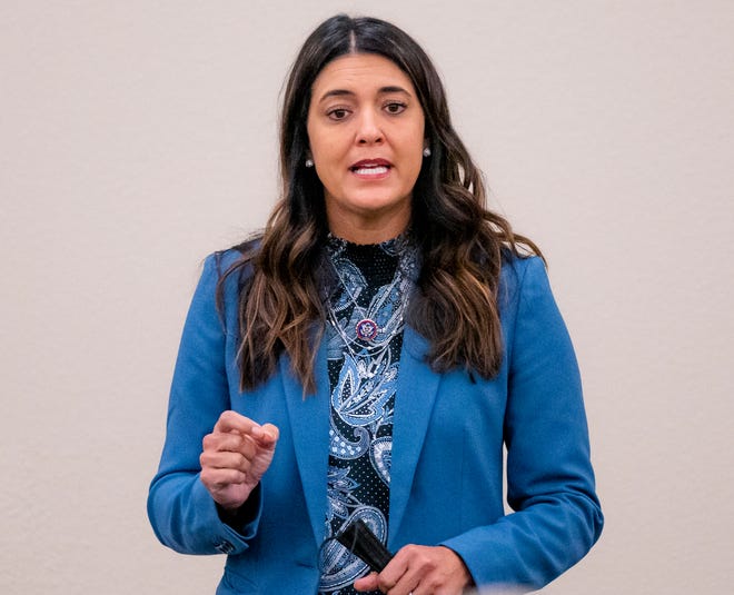 U.S. Rep. Stephanie Bice, shown here speaking at a town hall meeting last month in Oklahoma City, voted against a proposal last week to require women to register for the draft.