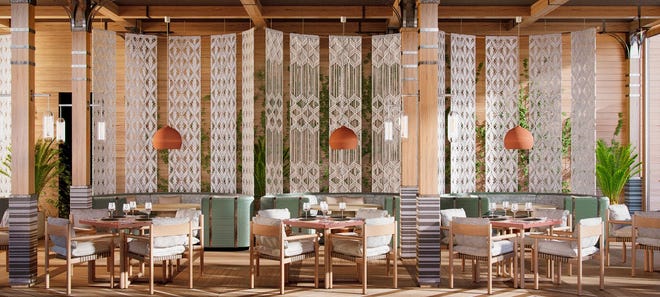 An artist's rendering of Rosewater Rooftop's open-air dining area. The bar and restaurant is located atop The Ray hotel in Delray Beach.