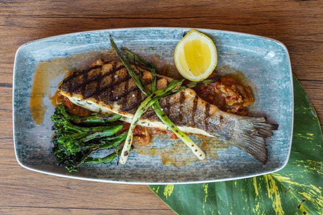 Branzino Veracruz is served at The Ray's Ember Grill with a stewed tomato-based sauce, olives, capers and broccolini.
