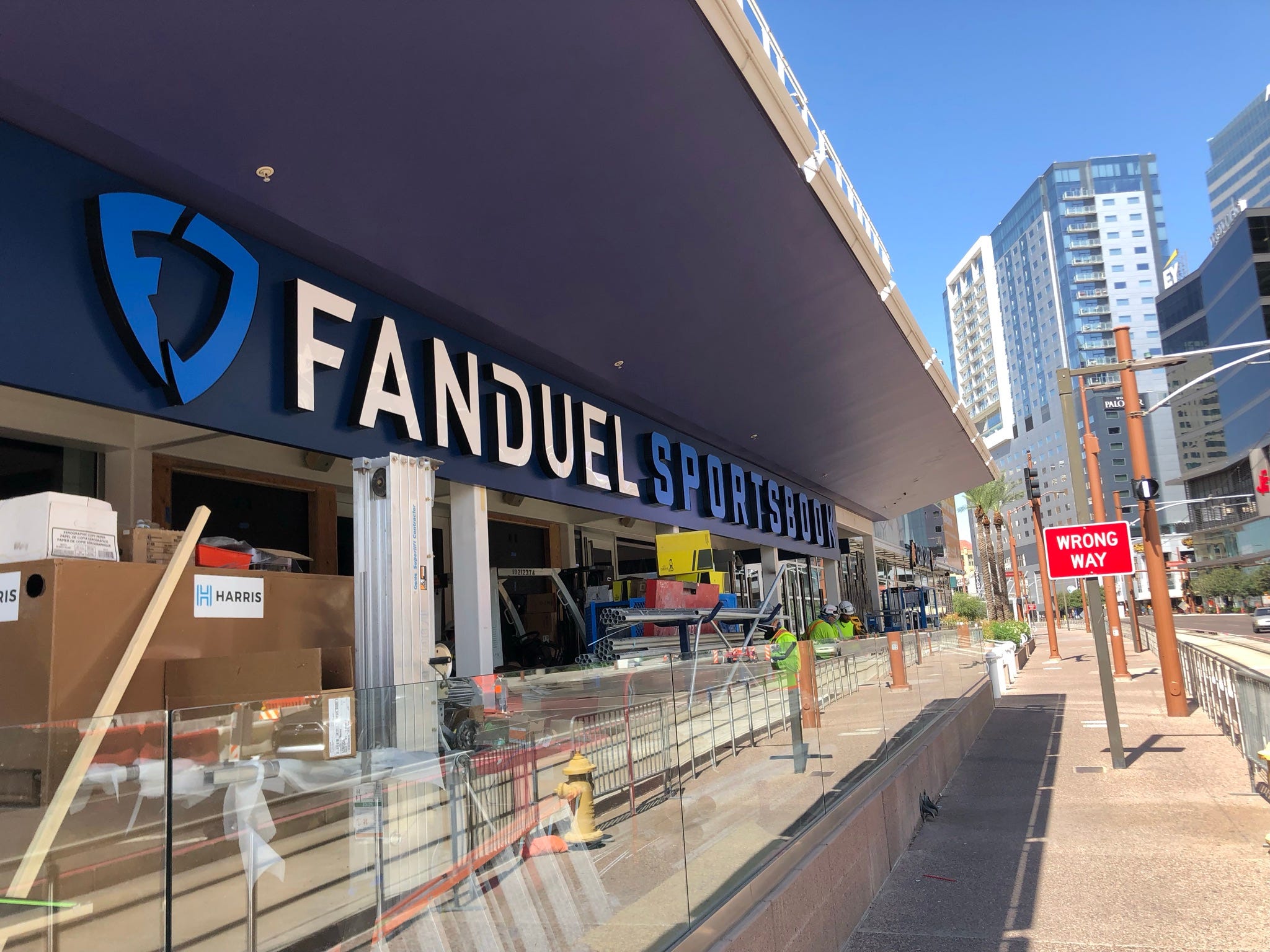 Construction crews worked on creating the FanDuel Sportsbook on the north end of Footprint Center, the home of the NBA's Phoenix Suns.