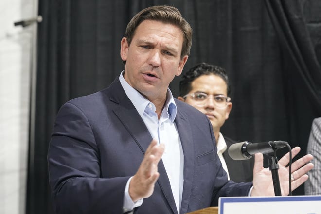 Florida Governor Ron DeSantis speaks at the opening of a monoclonal antibody site Wednesday, Aug. 18, 2021, in Pembroke Pines, Fla. The site at C. B. Smith Park will offer monoclonal antibody treatment sold by Regeneron to people who have tested positive for COVID-19.  (AP Photo/Marta Lavandier)
