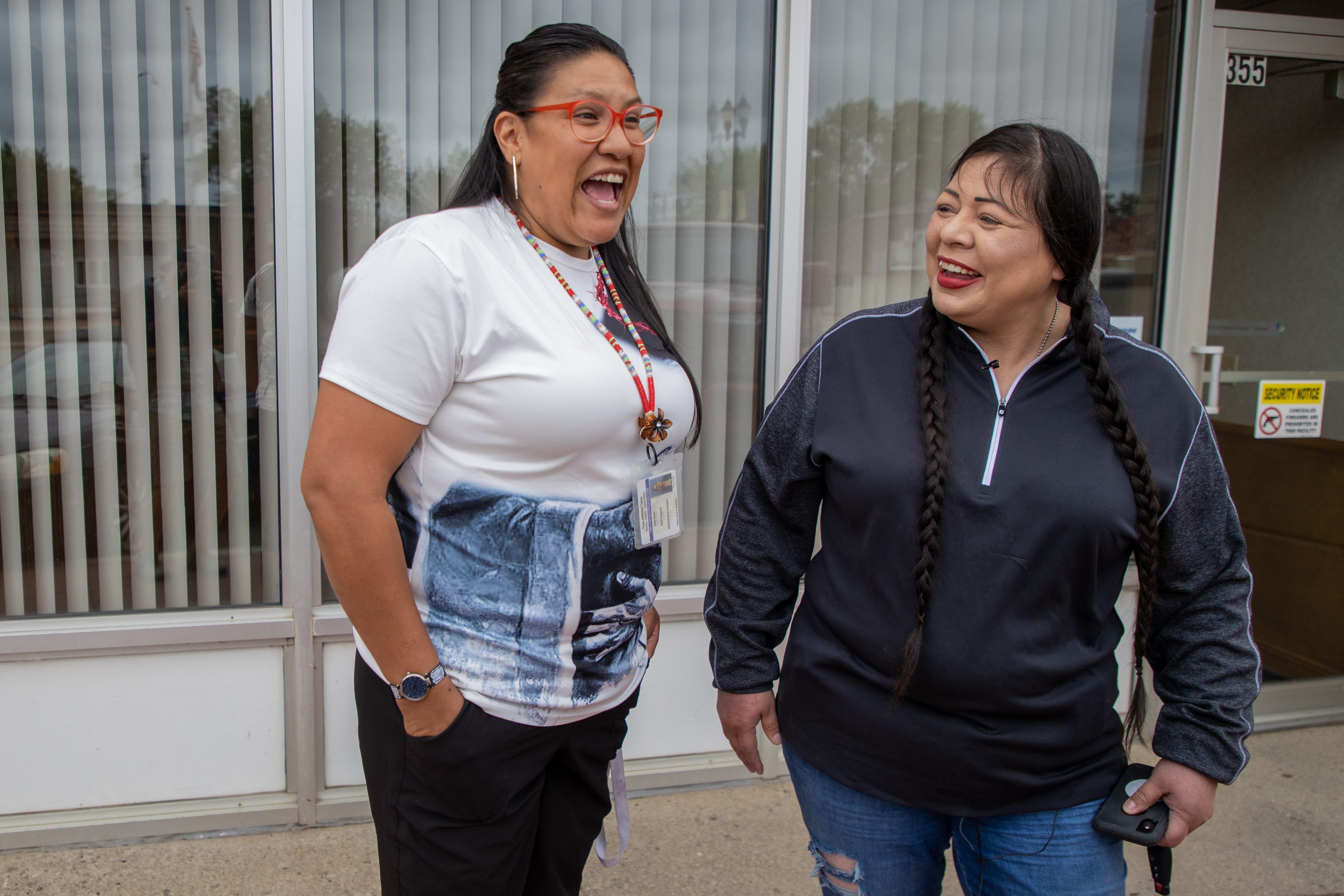 Liea Baker, left, is now sober and works as a peer support specialist at The Door recovery center in New Town, North Dakota. Her aunt, Dawn White, right, fights addiction in her own way as a tribal drug agent.