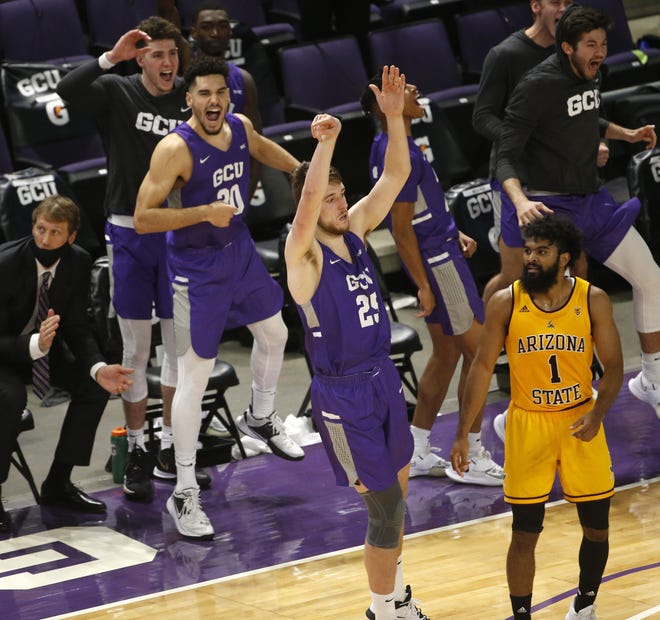 GCU's Alessandro Lever (25) makes a three pointer to take the lead late in the second half against ASU at Grand Canyon University in Phoenix, Ariz. on Dec. 13, 2020.
