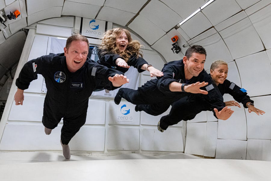 Inspiration4 mission to space (L to R): Chris Sembroski, Hayley Arceneaux, Jared Isaacman and Dr. Sian Proctor.