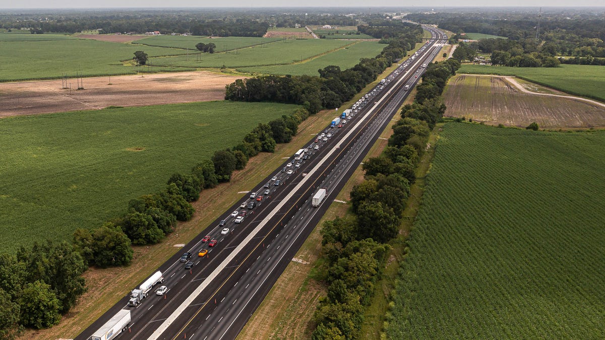 Traffic packs I-10's westbound lanes northeast of Lafayette, Louisiana as evacuation orders have been issued in cities along the gulf coast ahead of hurricane Ida on Aug. 28, 2021.