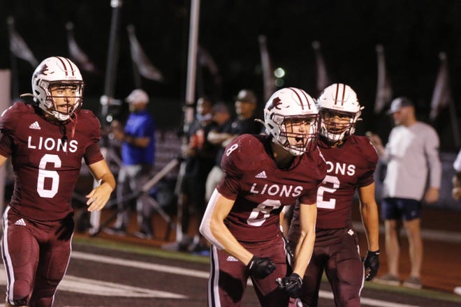 Brownwood Lions outside receiver Thad Hinds celebrates after scoring a touchdown in the second quarter against Lampasas on Friday night at Gordon Wood Stadium.