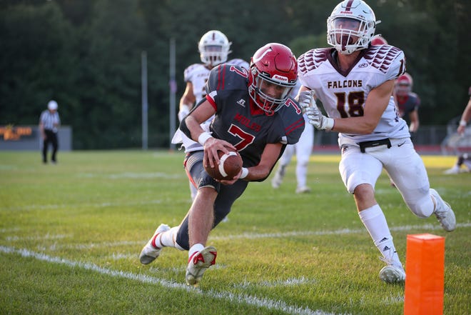 Bedford quarterback Brendan Hammer is pushed out of bounds by Johnny Tauber of Utica Ford just short of the end zone. Hammer scored on the next play and Bedford rolled to a 54-0 win Friday night.