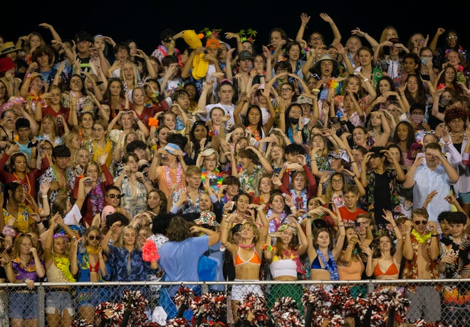 The Springfield student section cheer on the Senators as they take on Glenwood in the second half at Glenwood High School in Chatham, Ill., Friday, August 27, 2021. [Justin L. Fowler/The State Journal-Register] 