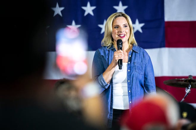 U.S. Rep. Ashley Hinson, R-Iowa, speaks at her barbecue fundraiser Saturday. She is facing a challenge in 2022 from Democratic state Sen. Liz Mathis.