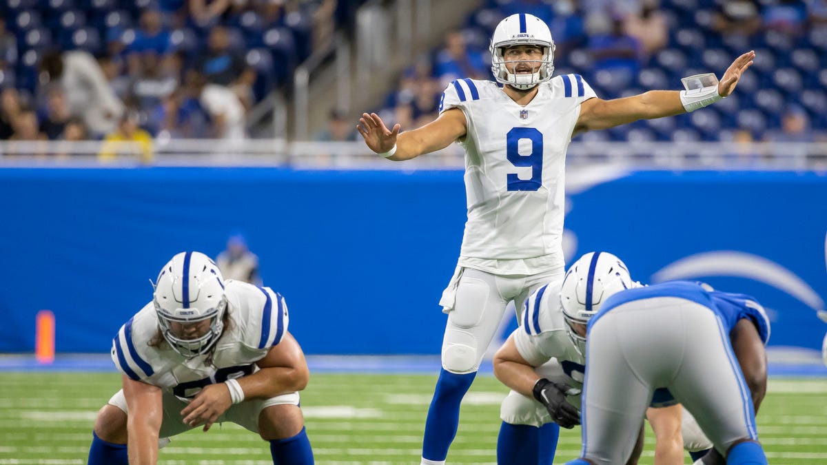 Indianapolis Colts quarterback Jacob Eason directs the offense in the second quarter against the Detroit Lions at Ford Field.