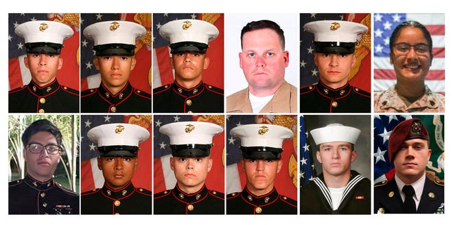 This combination of photos released by the 1st Marine Division, Camp Pendleton/U.S. Department of Defense shows twelve service members killed in the Kabul airport bombing in Afghanistan on Aug. 26, 2021. Top Row, from left: Lance Cpl. Dylan R. Merola, 20, of Rancho Cucamonga, Calif., Cpl. Hunter Lopez, 22, of Indio, Calif., Cpl. Kareem M. Nikoui, 20, of Norco, Calif., Staff Sgt. Darin T. Hoover, 31, of Salt Lake City, Utah, Cpl. Daegan W. Page, 23, of Omaha, Nebraska, and Sgt. Johanny Rosario Pichardo, 25, of Lawrence, Massachusetts. Bottom Row, from left: Cpl. Humberto A. Sanchez, 22, of Logansport, Indiana, Lance Cpl. David L. Espinoza, 20, of Rio Bravo, Texas, Lance Cpl. Jared M. Schmitz, 20, of St. Charles, Missouri, Lance Cpl. Rylee J. McCollum, 20, of Jackson, Wyo., Navy Corpsman, Maxton W. Soviak, 22, of Berlin Heights, Ohio and Army Staff Sgt. Ryan C. Knauss, 23, of Corryton, Tennessee. Not pictured is Sgt. Nicole L. Gee, 23, of Roseville, Calif., was also killed.