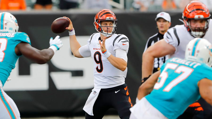 Joe Burrow throws during the first quarter against the Miami Dolphins at Paul Brown Stadium.