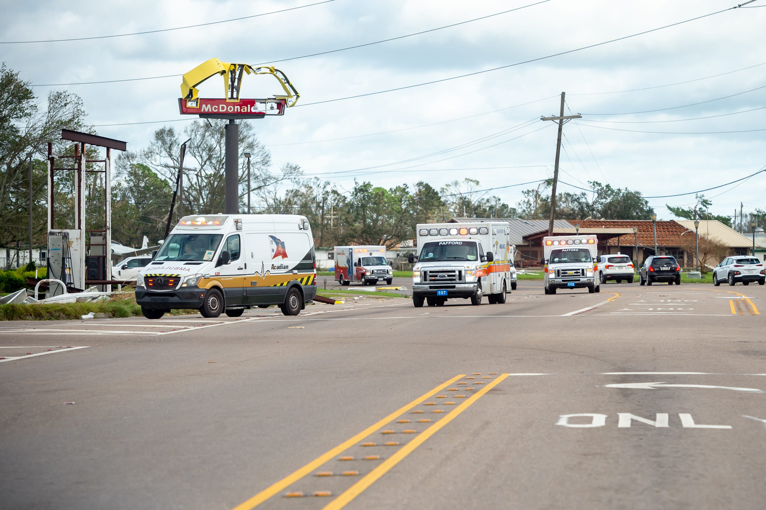 More than two dozen ambulances arrive at Chabert Medical Center to evacuate patients after Hurricane Ida in Houma, LA. Monday, Aug. 30, 2021.