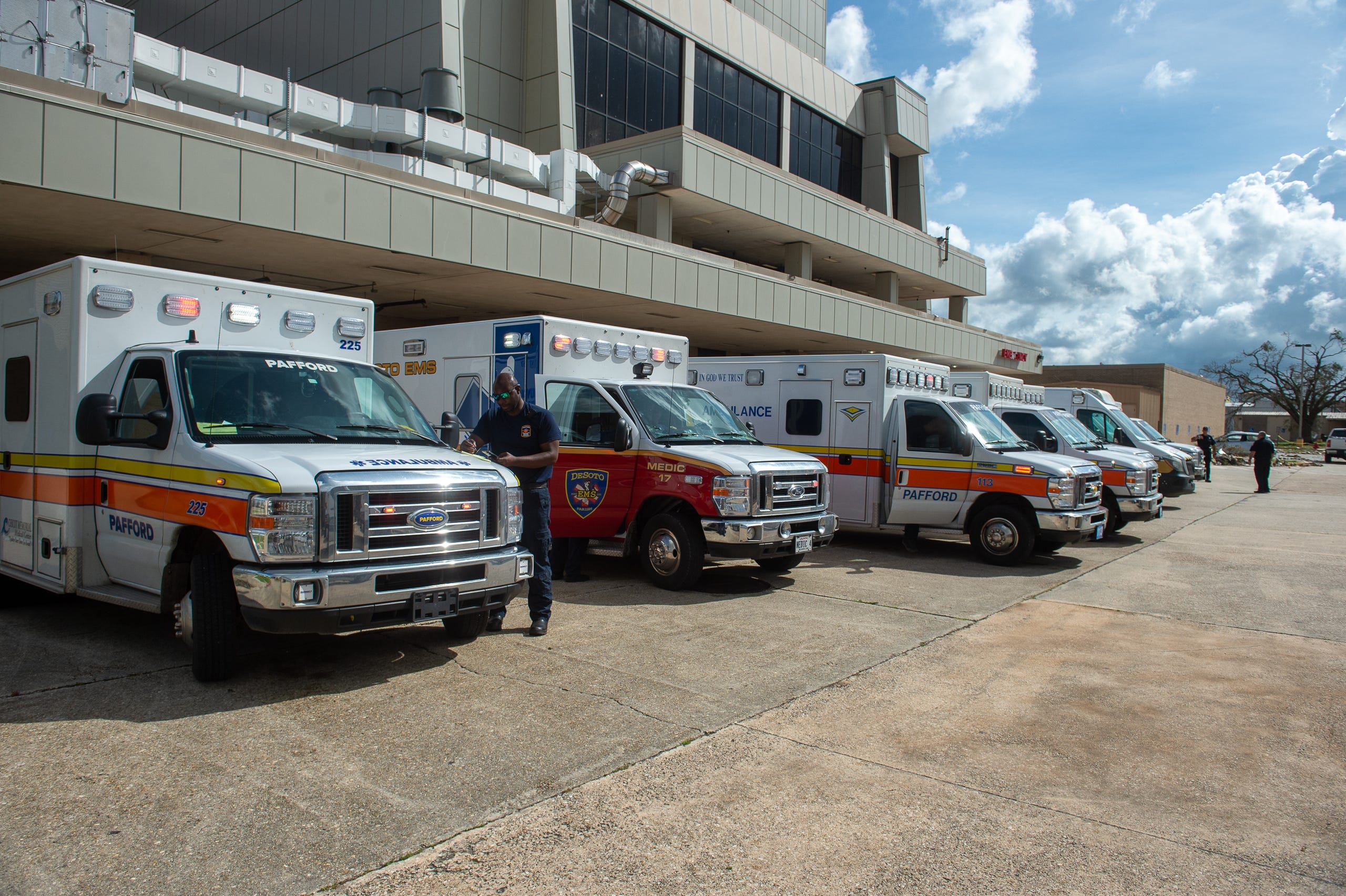 More than two dozen ambulances arrive at Chabert Medical Center to evacuate patients after Hurricane Ida in Houma, LA. Monday, Aug. 30, 2021.
