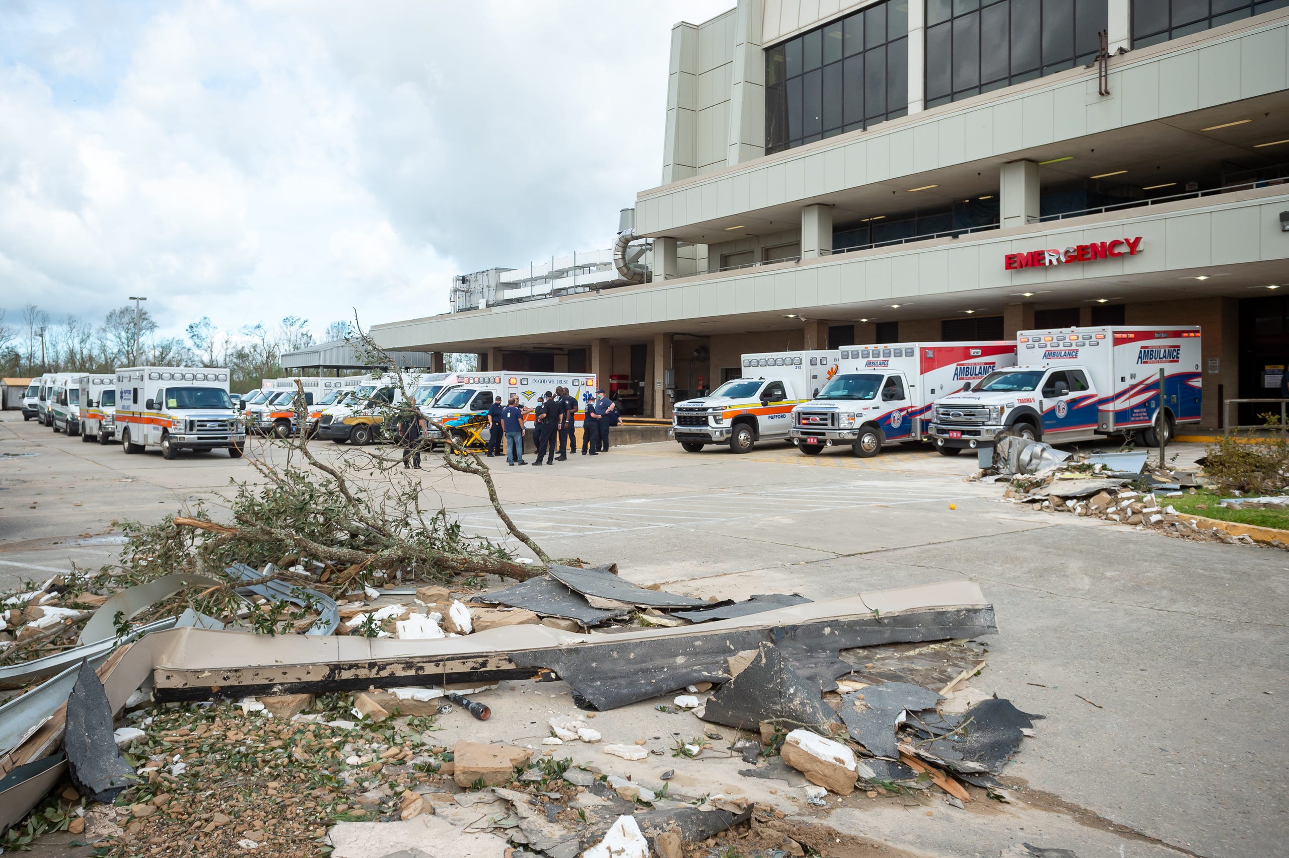 More than two dozen ambulances arrive at Chabert Medical Center to evacuate patients after Hurricane Ida in Houma, LA. Monday, Aug. 30, 2021.