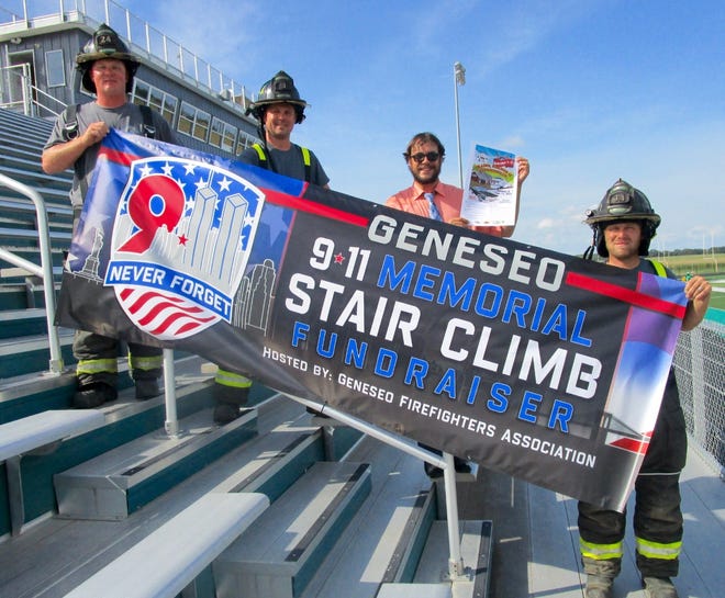 The Geneseo Firefighters Association will host a 9/11 Memorial Stair Climb on Saturday, Sept. 11, in conjunction with the annual “Trains, Planes, & Automobiles” celebration, Sept. 9-11, in Geneseo. The event will be held at the bleachers on the Bob Reade Football Field in Geneseo. In the photo are, from left, Volunteer Firemen Brandon Morse and Dustin Minnaert; Zack Sullivan, executive director of the Geneseo Chamber of Commerce; and Volunteer Fireman Chad DeFauw.