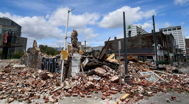 The collapsed jazz club located at 427 S. Rampart in New Orleans, La., on Monday August 30, 2021, is seen after Hurricane Ida came ashore in Louisiana on Sunday August 29, 2021. 