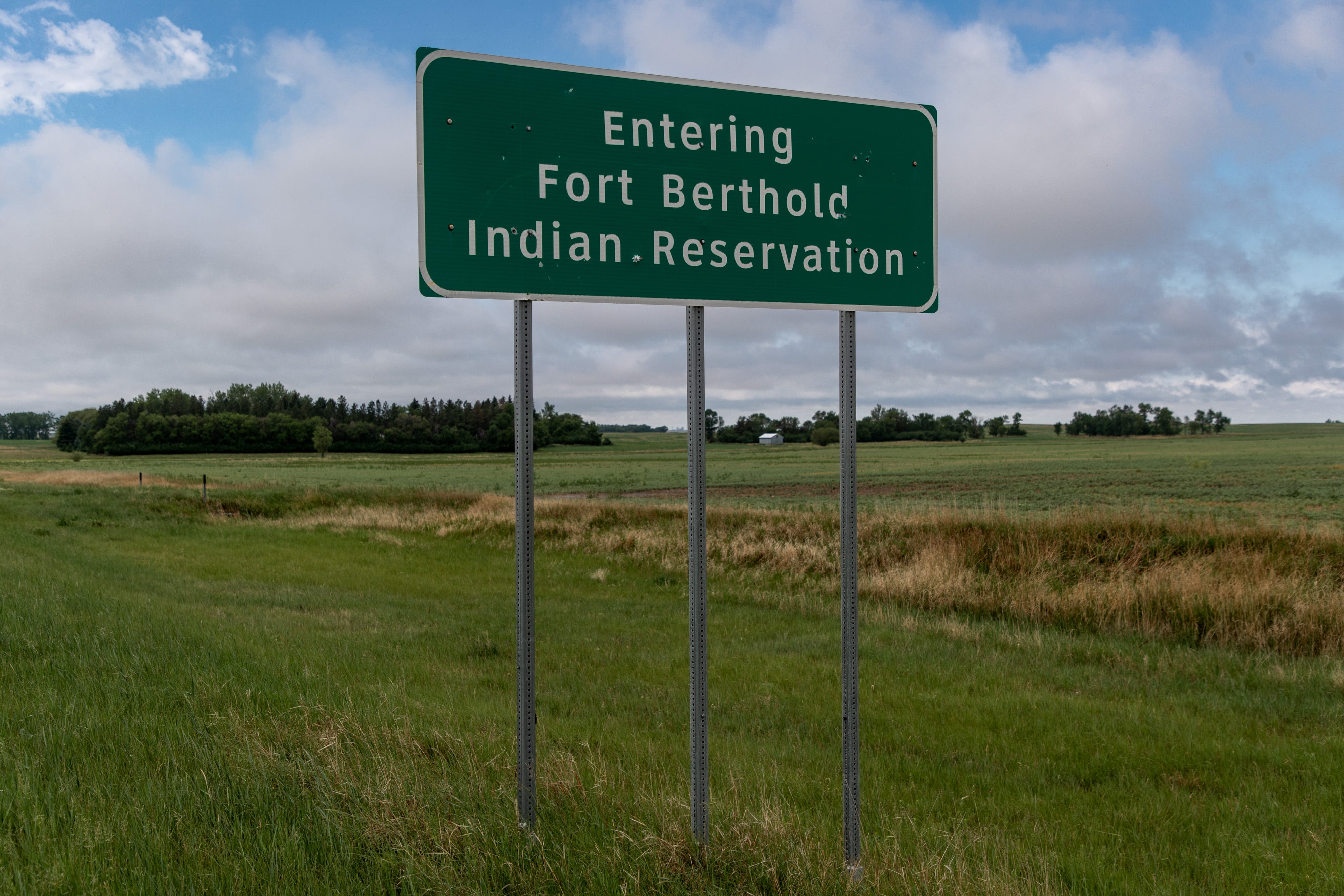 A sign along Highway 1804 heading west into the Fort Berthold Indian Reservation in North Dakota. June 27, 2021