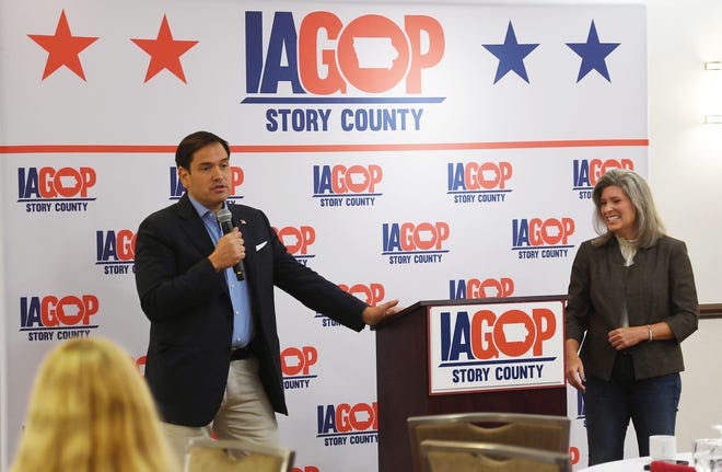 Florida US Senator Marco Rubio and Iowa US Senator Joni Ernst answer questions from the audience during a Story County GOP fundraising event at Hilton Garden Inn Tuesday, Aug. 31, 2021, in Ames, Iowa.