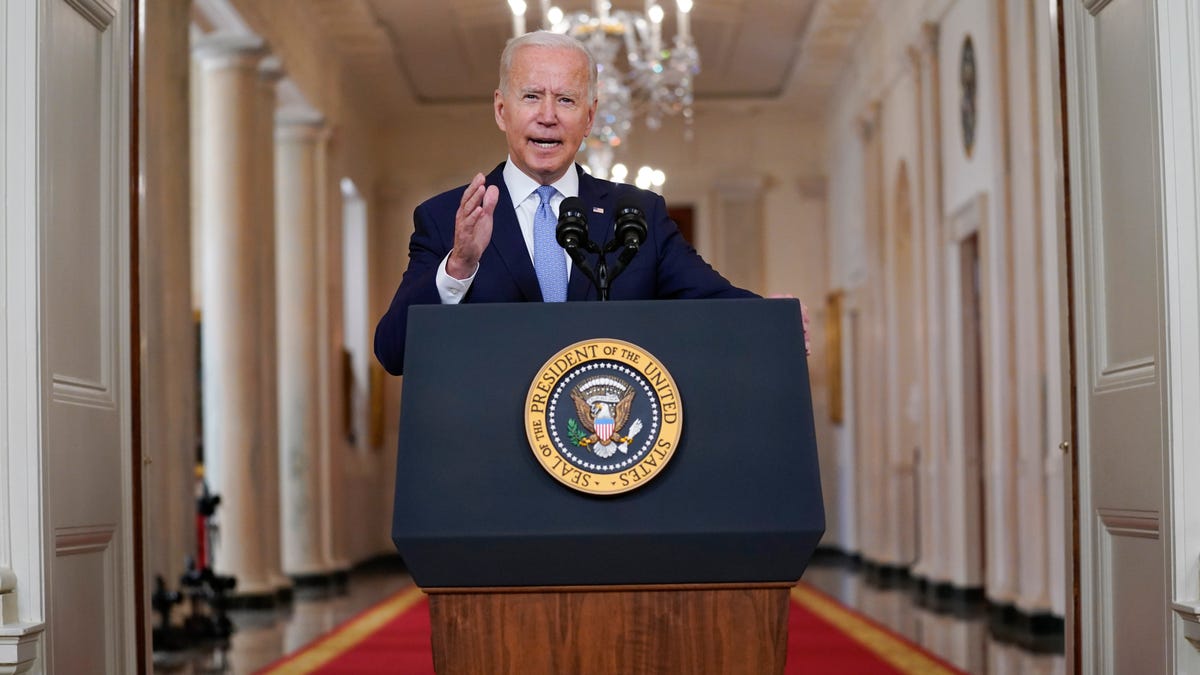 President Joe Biden speaks about the end of the war in Afghanistan from the State Dining Room of the White House, Tuesday, Aug. 31, 2021, in Washington.