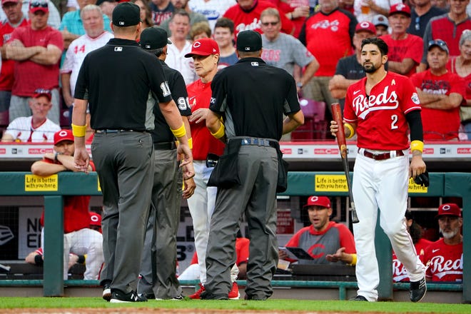 O técnico do Cincinnati Reds (25), David Bell, conversa com a equipe de arbitragem enquanto o destro do Cincinnati Reds, Nick Castellanos (2) pega sua raquete depois de acertar um Grand Slam na segunda metade de um jogo de beisebol contra o St. Louis Cardinals, quarta-feira, setembro 1, 2021, no Great American Ball Park em Cincinnati.  Os governantes perguntaram sobre o status do morcego de Castellanos e notaram uma lasca no morcego.