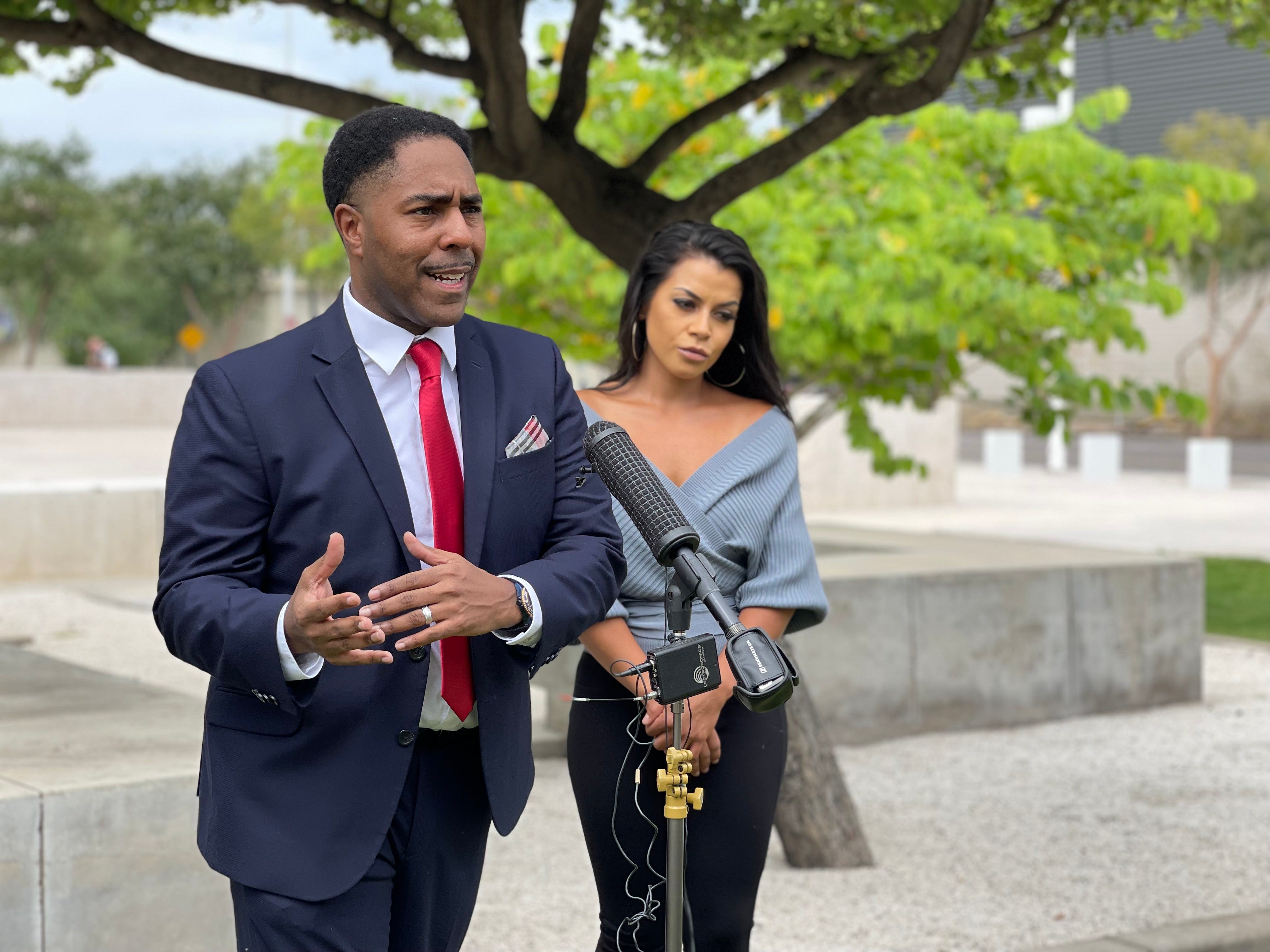 Yessenia Garcia's attorney, Benjamin Taylor, speaks to reporters on Tuesday.