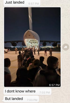 Zabi, an Afghan who served as an interpreter, shares a photo after first landing from his flight out of Afghanistan. With the help of Westlake Village's Corey Mazza, Zabi and his wife managed to depart out of Kabul Airport in the last days before the country was handed over to the Taliban.