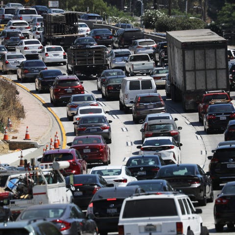 Drivers make their way on the US 101 freeway in Lo