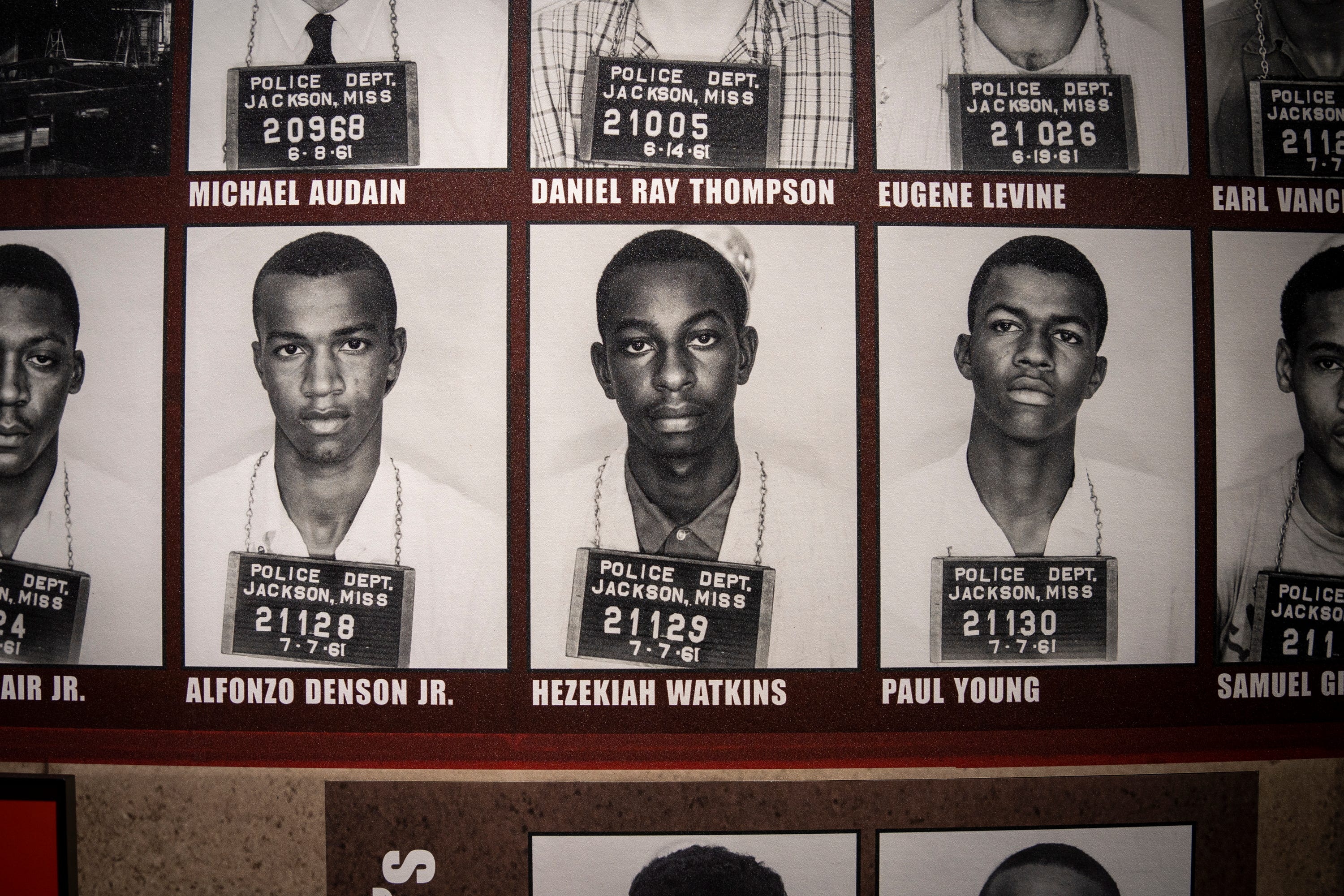 Jul 27, 2021; Jackson, Miss, USA; July 27, 2021; Jackson, Ms.; Hezekiah Watkins' mug shot is on display among those of hundreds of other civil rights activists in the Mississippi Civil Rights Museum. 



Watkins was arrested at the Greyhound Station in Jackson in 1961 at 13 years old, when he and a friend visited in the hopes of seeing The Freedom Riders. Since then, he has worked as a civil rights activist and has been arrested more than 100 times and seriously injured several times in civil rights efforts. Mandatory Credit: Jasper Colt-USA TODAY ORG XMIT: USAT-458441 [Via MerlinFTP Drop]