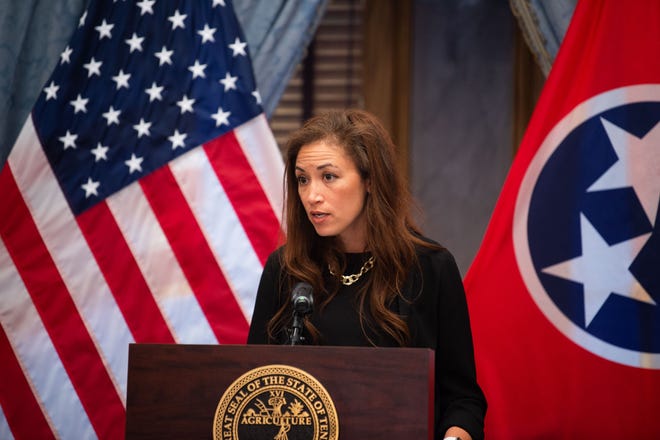 Education Commissioner Penny Schwinn discusses the how the state is handling school districts and COVID-19 during a news conference with Gov. Bill Lee at Tennessee state Capitol in Nashville, Thursday, Sept. 2, 2021.