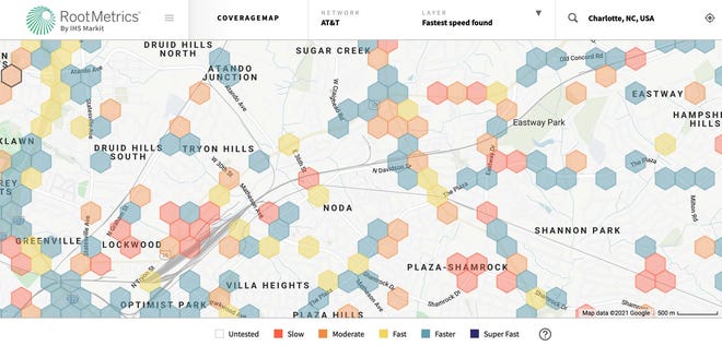 Want fast data speeds in and around Charlotte's trendy NODA neighborhood? AT&T customers may be frustrated with their service, based on this coverage map from RootMetrics.