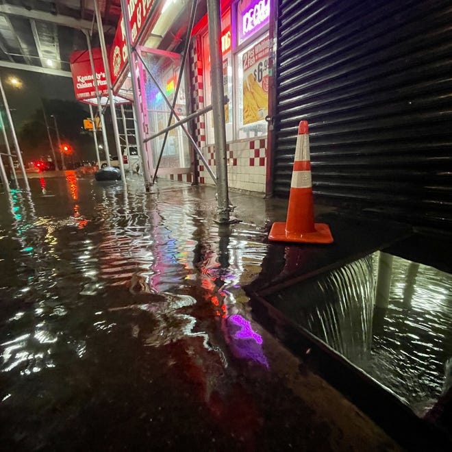 Rain from Hurricane Ida flooded the basement of a Kennedy Fried Chicken restaurant in the Bronx, New York on Wednesday, September 1, 2021. The former Category 4 hurricane swept through New York City and dropped 3.15 inches of rain in Central Park in an hour.