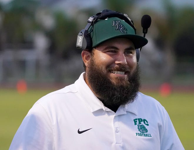 Flagler Palm Coast's head football coach Robert Paxia during a game with Mainland at Sal Campanella Stadium in Palm Coast, Friday, Sept 3, 2021.
