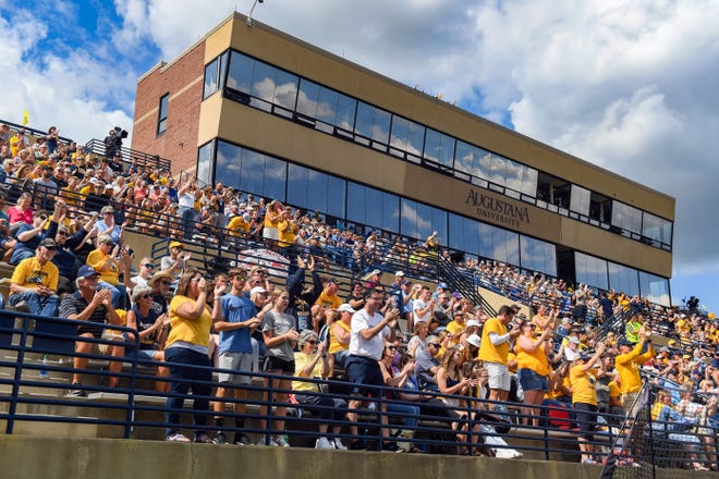 Augustana fans fill the stands for their first home football game of the season on Saturday, September 4, 2021 at Kirkeby-Over Stadium in Sioux Falls.